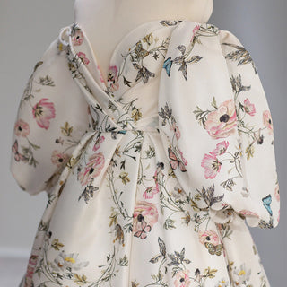 Leg Split Print Floral Formal Evening Dress With Puff Sleeves - Rosymae