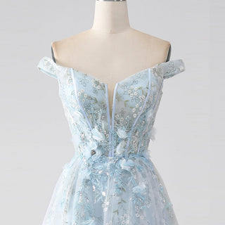 Light Blue Off-the-Shoulder A-line Long Prom Dress with Floral Appliques - Rosymae