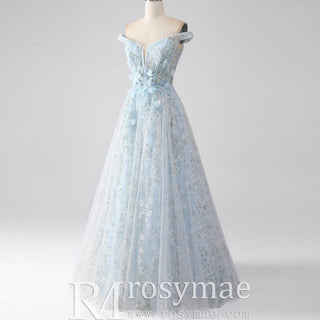 Light Blue Off-the-Shoulder A-line Long Prom Dress with Floral Appliques - Rosymae