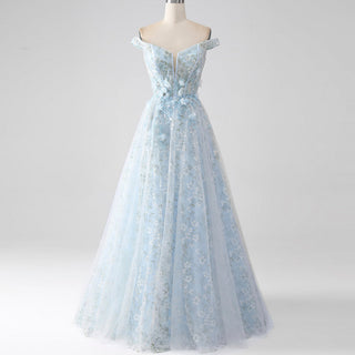 Light Blue Off-the-Shoulder A-line Long Prom Dress with Floral Appliques - Rosymae