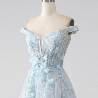 Light Blue Off-the-Shoulder A-line Long Prom Dress with Floral Appliques - Rosymae