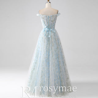 Light Blue Off-the-Shoulder A-line Long Prom Dress with Floral Appliques - Rosymae
