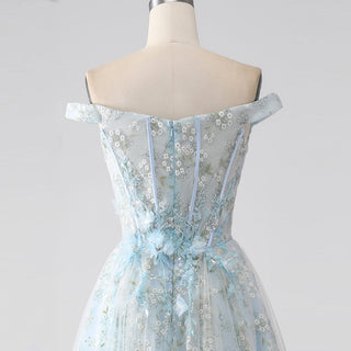 Light Blue Off-the-Shoulder A-line Long Prom Dress with Floral Appliques - Rosymae