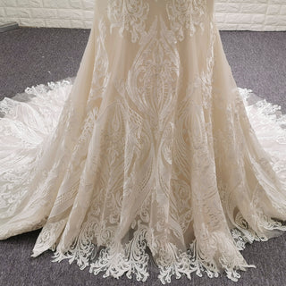 Robe de mariée sirène élégante en dentelle champagne clair à manches longues