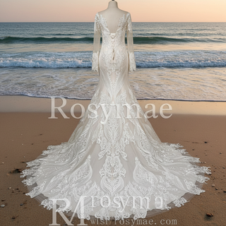 Elegant Light Champagne Lace Mermaid Wedding Dresses with Long Sleeves