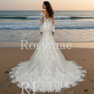 Elegant Light Champagne Lace Mermaid Wedding Dresses with Long Sleeves