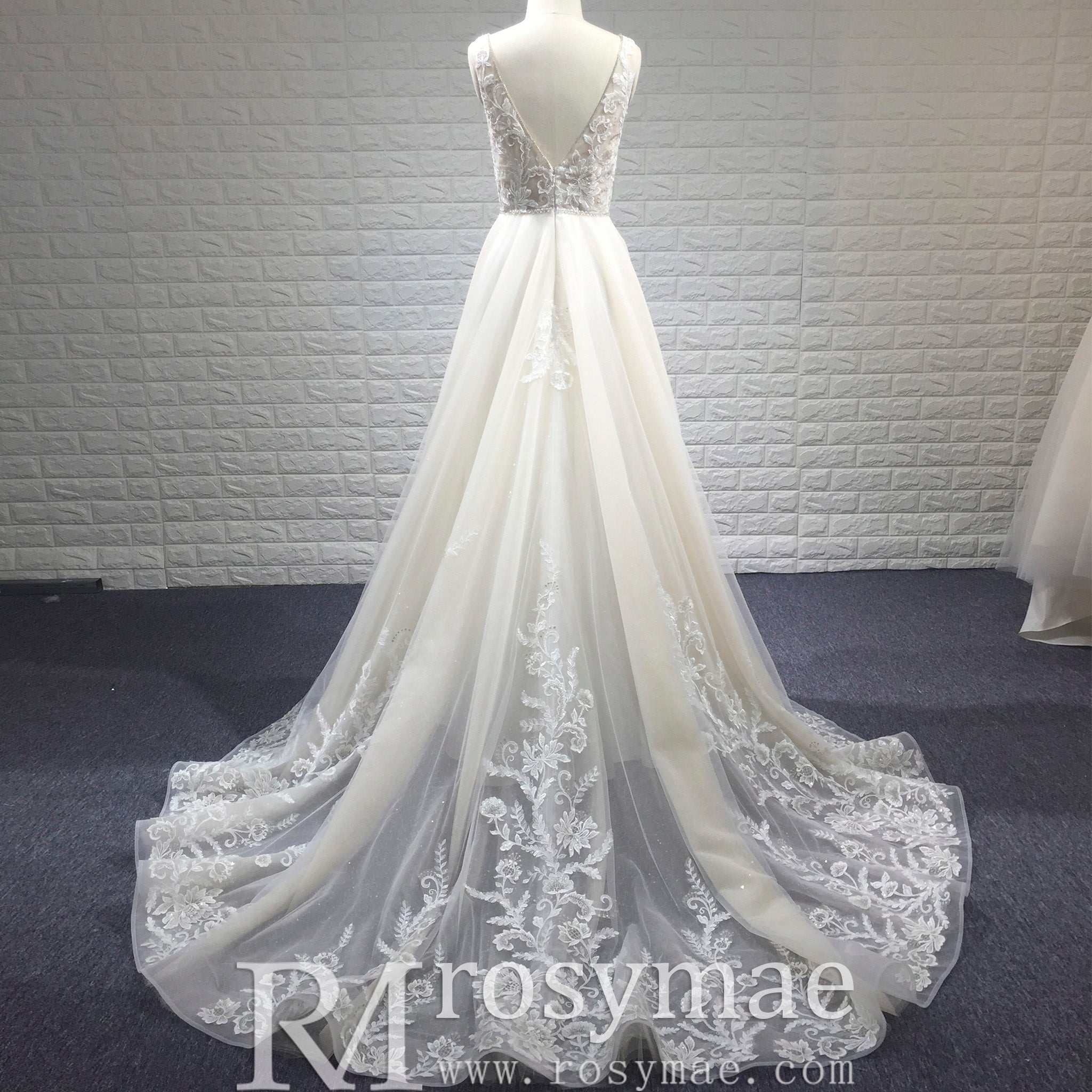 Elegant Double Deep V A Line Lace Wedding Dress with Sheer Bodice Rosymae Elegant Double Deep V A Line Lace Wedding Dress with Sheer Bodice Rosymae
