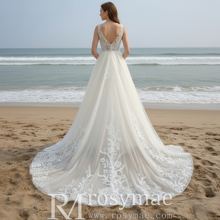 Elegant Double Deep V A Line Lace Wedding Dress with Sheer Bodice