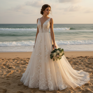 Elegant Double Deep V A Line Lace Wedding Dress with Sheer Bodice