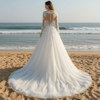 Light Champagne A-line Wedding Dress with Sheer Long Sleeve - Rosymae