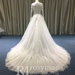 Light Champagne A-line Wedding Dress with Sheer Long Sleeve - Rosymae