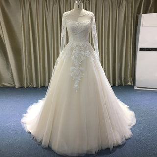 Light Champagne A-line Wedding Dress with Sheer Long Sleeve - Rosymae