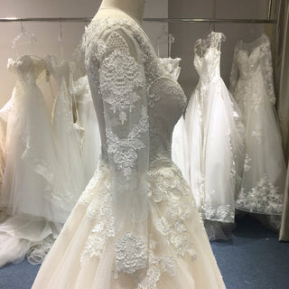 Light Champagne A-line Wedding Dress with Sheer Long Sleeve - Rosymae
