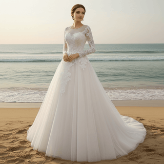Light Champagne A-line Wedding Dress with Sheer Long Sleeve - Rosymae