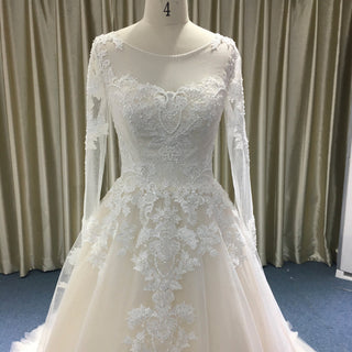 Light Champagne A-line Wedding Dress with Sheer Long Sleeve - Rosymae