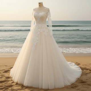 Light Champagne A-line Wedding Dress with Sheer Long Sleeve - Rosymae