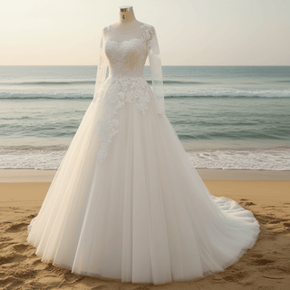 Light Champagne A-line Wedding Dress with Sheer Long Sleeve - Rosymae