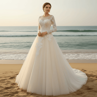 Light Champagne A-line Wedding Dress with Sheer Long Sleeve - Rosymae