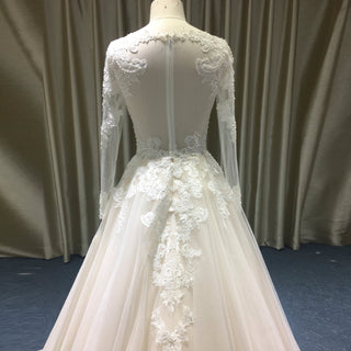 Light Champagne A-line Wedding Dress with Sheer Long Sleeve - Rosymae