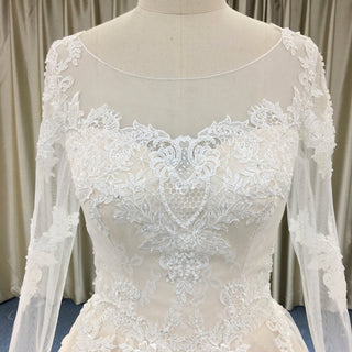 Light Champagne A-line Wedding Dress with Sheer Long Sleeve - Rosymae