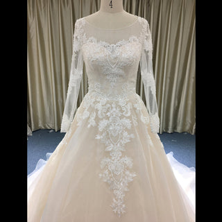 Light Champagne A-line Wedding Dress with Sheer Long Sleeve - Rosymae