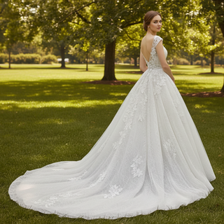 Romantic Light Champagne Deep V-neck Wedding Dress with Low Back