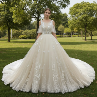 Gorgeous Ball Gown Light Champagne Wedding Dress with Off the Shoulder