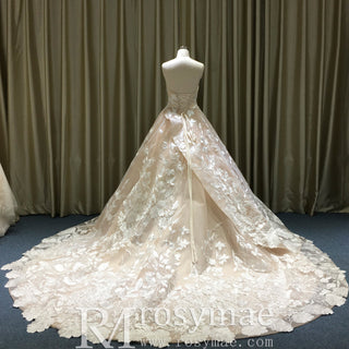 Light Champagne Fairy Tale Tulle Lace Wedding Dress with Ruffle Skirt - Rosymae