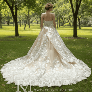 Light Champagne Fairy Tale Tulle Lace Wedding Dress with Ruffle Skirt - Rosymae