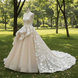 Light Champagne Fairy Tale Tulle Lace Wedding Dress with Ruffle Skirt - Rosymae