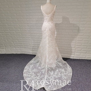 Elegant Light Champagne Mermaid Wedding Dress with V-neck