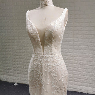 Elegant Light Champagne Mermaid Wedding Dress with V-neck