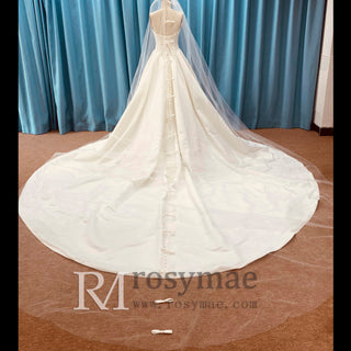 Light Champagne Satin V-Neck Ball Gown Wedding Dress - Rosymae