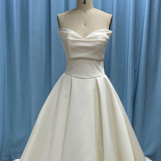 Light Champagne Satin V-Neck Ball Gown Wedding Dress - Rosymae