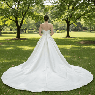 Light Champagne Satin V-Neck Ball Gown Wedding Dress - Rosymae