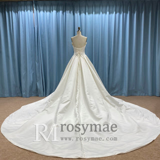 Light Champagne Satin V-Neck Ball Gown Wedding Dress - Rosymae