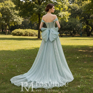 Light Green Sparkly Evening Dress Party Gown with Off Shoulder Sleeves - Rosymae