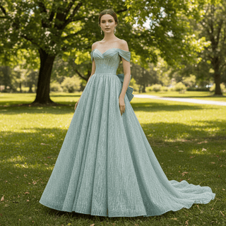 Light Green Sparkly Evening Dress Party Gown with Off Shoulder Sleeves - Rosymae