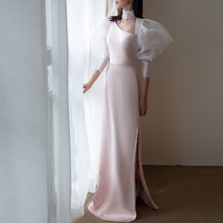 Puffy Lantern Long Sleeve Prom Party Dress with Asymmetrical Neck