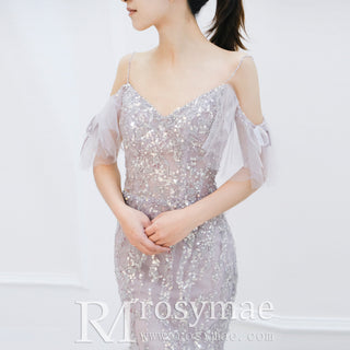 Off Shoulder Light Purple Sparkly Evening Dress Party Gown