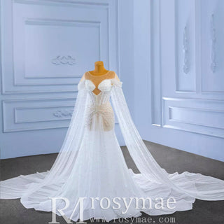 Light Weight Summer Wedding Dress with Pearls and Cape - Rosymae