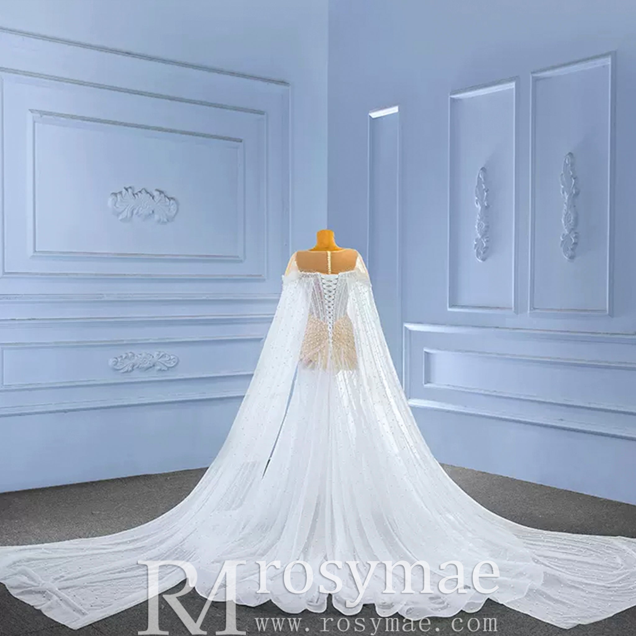 Light Weight Summer Wedding Dress with Pearls and Cape - Rosymae