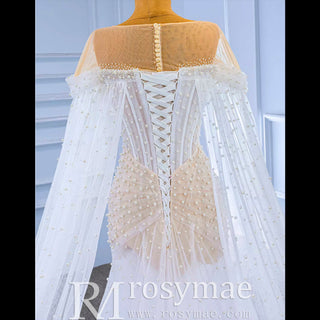 Light Weight Summer Wedding Dress with Pearls and Cape - Rosymae