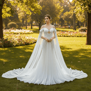 Light Weight Summer Wedding Dress with Pearls and Cape - Rosymae