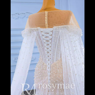 Light Weight Summer Wedding Dress with Pearls and Cape - Rosymae