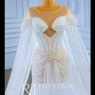 Light Weight Summer Wedding Dress with Pearls and Cape - Rosymae