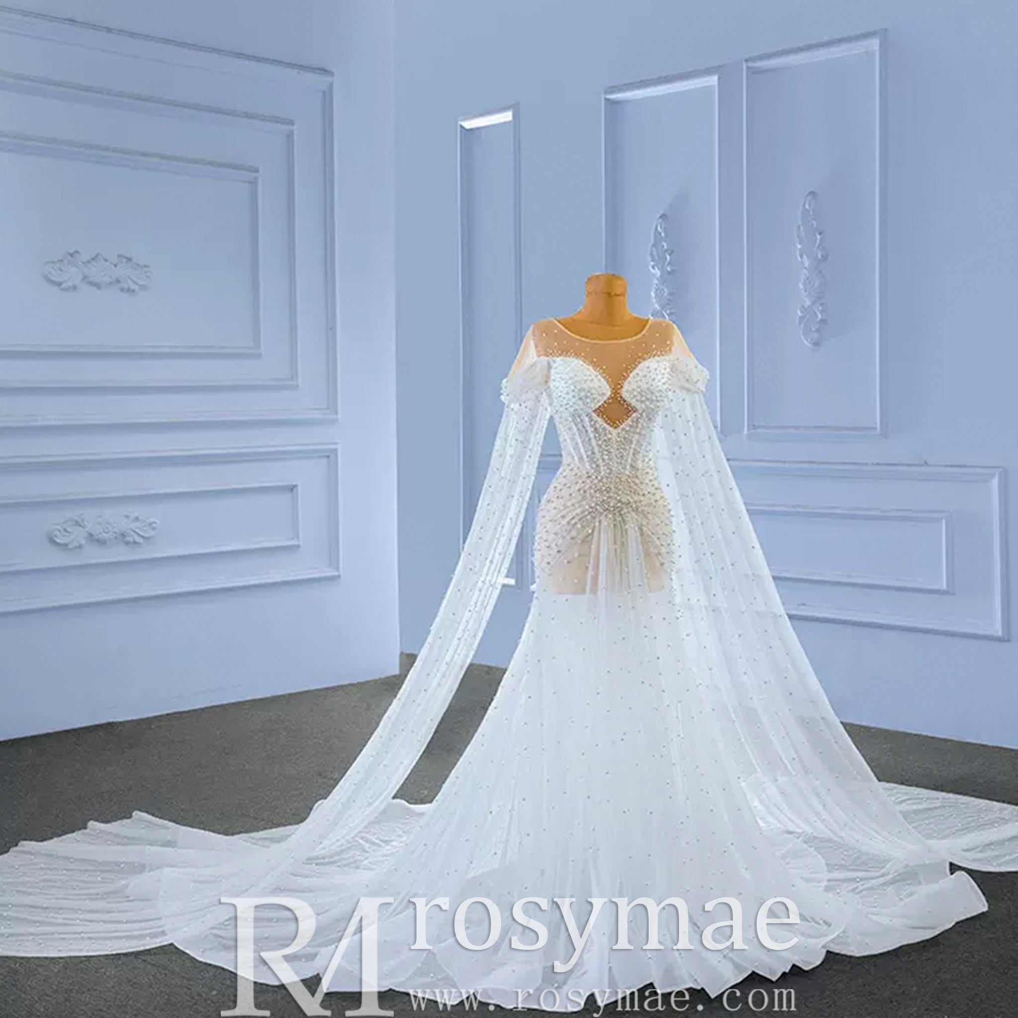 Light Weight Summer Wedding Dress with Pearls and Cape - Rosymae