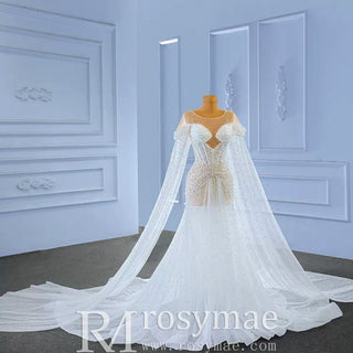 Light Weight Summer Wedding Dress with Pearls and Cape - Rosymae