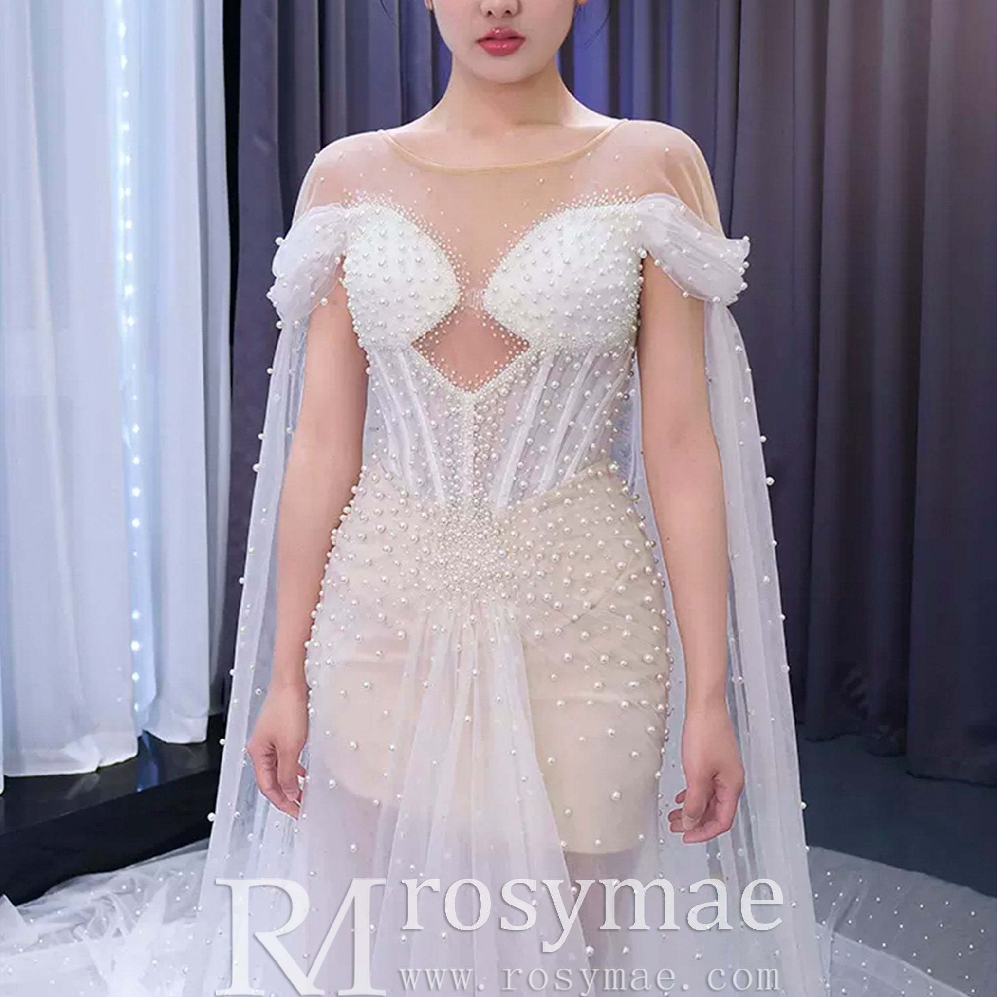 Light Weight Summer Wedding Dress with Pearls and Cape - Rosymae