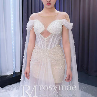 Light Weight Summer Wedding Dress with Pearls and Cape - Rosymae